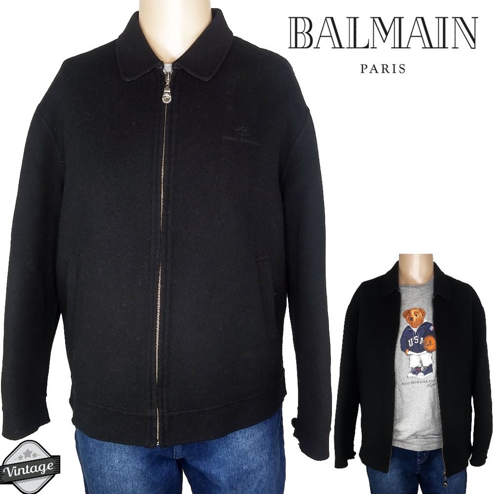 Vintage 90s Balmain Zip Up Wool Black Jacket Sz L